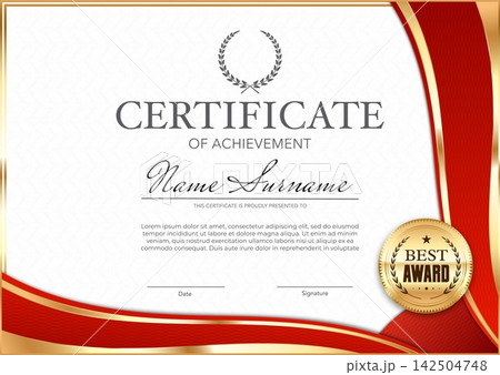 Award diploma certificate of achievement template with red frame, luxury ornament and golden seal. Elegant award document for graduation diplomas, school honors and printable achievement templates Award diploma certificate of achievement template with red frame, luxury ornament and golden seal. Elegant award document for graduation diplomas, school honors and printable achievement templates 142504748