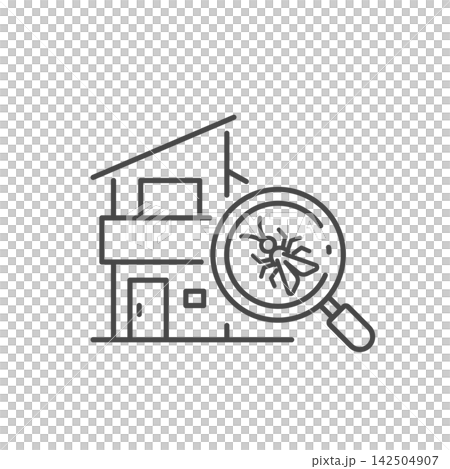 Vector icon of a house and magnifying glass, inspired by termite inspection (line drawing, monochrome) Vector icon of a house and magnifying glass, inspired by termite inspection (line drawing, monochrome) 142504907