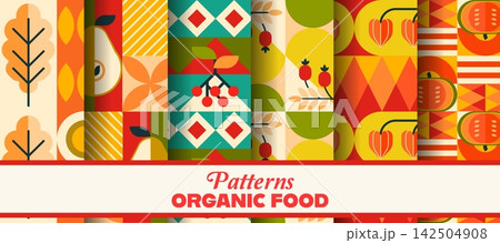 Organic food and autumn harvest seamless geometric patterns. Vector abstract farm food tile backgrounds with fruits, plants, leaves, veggies and retro modern shapes of nature, seasonal eco crop 142504908