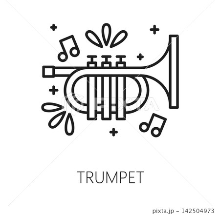 Trumpet icon of Mexican holiday and Mexico celebration music instrument line symbol. Trumpet icon of Mexican traditional mariachi music, fiesta party or Latin festival culture and ethnic tradition 142504973