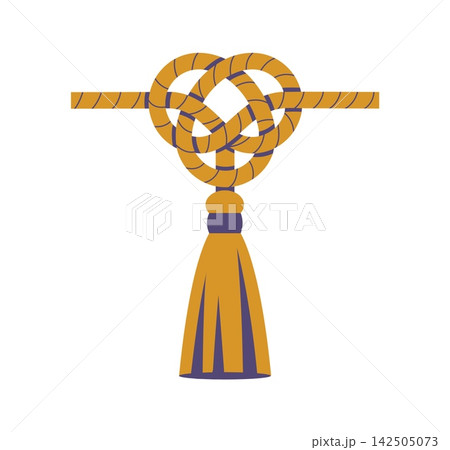 Asian Japanese mizuhiki knot design element, oriental ornament pattern with woven cord loops and tassel. Vector traditional Japan symbol for ceremony, gift, celebration, wedding and festive decoration Asian Japanese mizuhiki knot design element, oriental ornament pattern with woven cord loops and tassel. Vector traditional Japan symbol for ceremony, gift, celebration, wedding and festive decoration 142505073