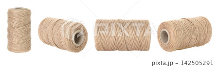 Set of Jute burlap twine spool isolated on transparent background. Natural fiber for eco and zero waste packaging, craft and DIY, gardening, rustic decor and branding mockup. Full focus photo Set of Jute burlap twine spool isolated on transparent background. Natural fiber for eco and zero waste packaging, craft and DIY, gardening, rustic decor and branding mockup. Full focus photo 142505291