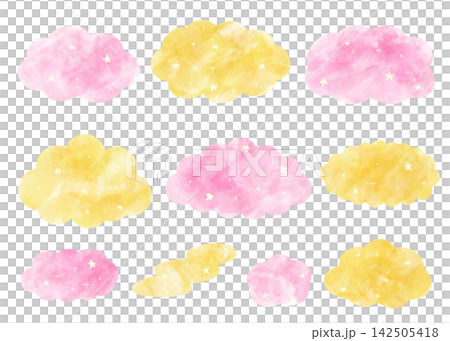 水彩風 ふわふわ いろいろな形 手描き 雲 イラスト ピンク イエロー 星ラメあり 水彩風 ふわふわ いろいろな形 手描き 雲 イラスト ピンク イエロー 星ラメあり 142505418