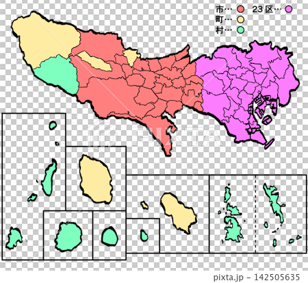 東京都地図 市町村区カラー (筆タッチ) 和風 東京都地図 市町村区カラー (筆タッチ) 和風 142505635