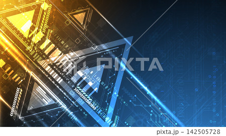 Abstract futuristic technology background with glowing geometric triangles and circuit board elements. Vector 142505728