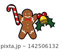 クリスマスステッキとヒイラギを持ったジンジャーブレッドマンのイラスト 142506132