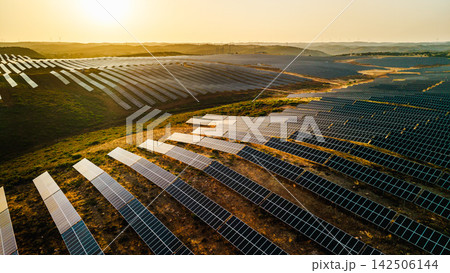 Aerial view of extensive photovoltaic panel arrays covering rolling rural hills in warm golden evening light. 142506144