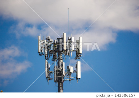 Close-Up Cellular Antenna Array Against Blue Sky Close-Up Cellular Antenna Array Against Blue Sky 142506157