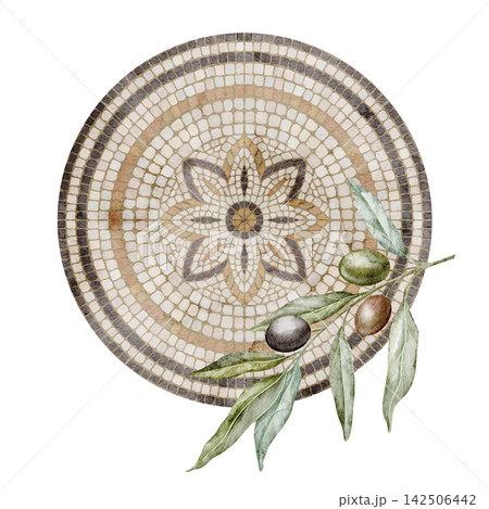 Round Roman mosaic with olive branch watercolor illustration isolated on background. Mediterranean decorative stone tile composition with olives and botanical foliage for Italian historical design. Round Roman mosaic with olive branch watercolor illustration isolated on background. Mediterranean decorative stone tile composition with olives and botanical foliage for Italian historical design. 142506442