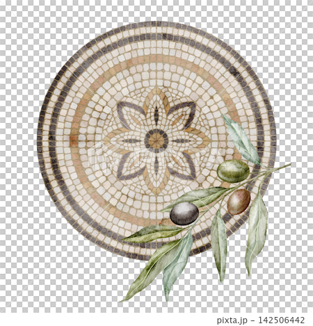 Round Roman mosaic with olive branch watercolor illustration isolated on background. Mediterranean decorative stone tile composition with olives and botanical foliage for Italian historical design. Round Roman mosaic with olive branch watercolor illustration isolated on background. Mediterranean decorative stone tile composition with olives and botanical foliage for Italian historical design. 142506442