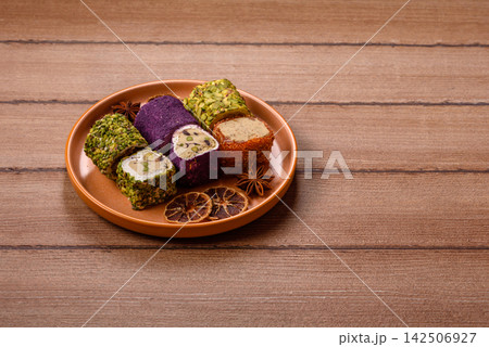 Turkish delight or lokum is a traditional Eastern sweet made with nuts. Turkish delight, lokum 142506927