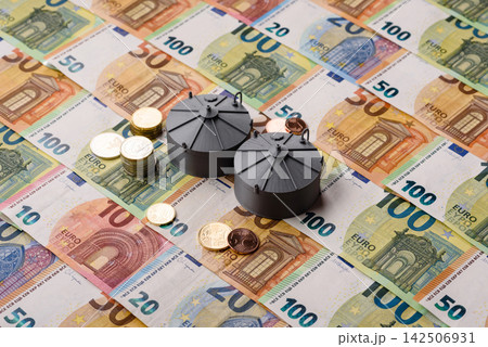 Oil tankers against the Euro money, concept of fuel supplies to Europe. Oil or liquefied gas tank 142506931