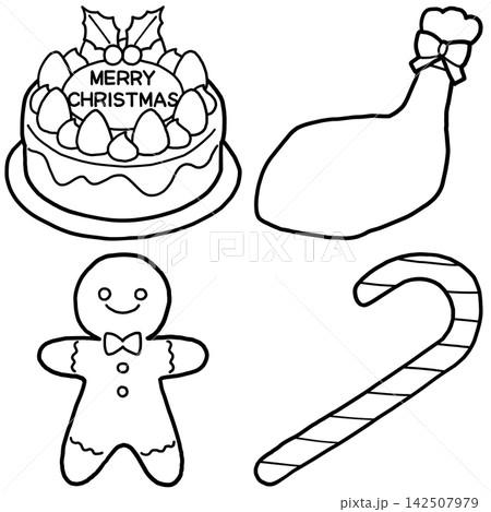クリスマスのかわいい手描きイラスト ケーキ・フライドチキン・ジンジャーブレッドマン・キャンディケイン クリスマスのかわいい手描きイラスト ケーキ・フライドチキン・ジンジャーブレッドマン・キャンディケイン 142507979