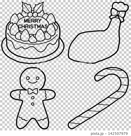 クリスマスのかわいい手描きイラスト ケーキ・フライドチキン・ジンジャーブレッドマン・キャンディケイン クリスマスのかわいい手描きイラスト ケーキ・フライドチキン・ジンジャーブレッドマン・キャンディケイン 142507979