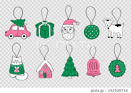 Hand Drawn Doodle Christmas Ornaments Set with Cute Cat, Goat, Pink Car and Santa Claus for Holiday Greeting Cards, Gift Tags, Sticker Packs, Winter Party Invitations and Festive Packaging 142508718
