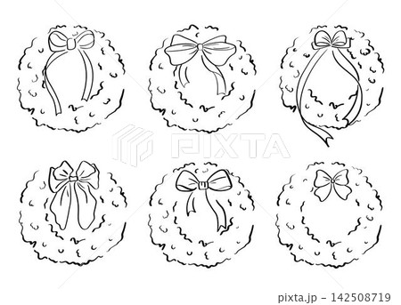 Collection of hand drawn vector Christmas wreaths with bows. Minimalist Line Art Spruce Garland Set for Holiday Logo Design, Product Labels, and Festive Packaging Collection of hand drawn vector Christmas wreaths with bows. Minimalist Line Art Spruce Garland Set for Holiday Logo Design, Product Labels, and Festive Packaging 142508719