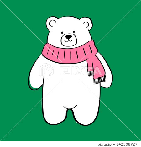 Cute White Polar Bear Wearing Pink Scarf Vector Illustration in Hand Drawn Doodle Style for Cozy Winter Greeting Cards, Animal Sticker Packs, Gift Tags, Baby Shower and Holiday Packaging 142508727
