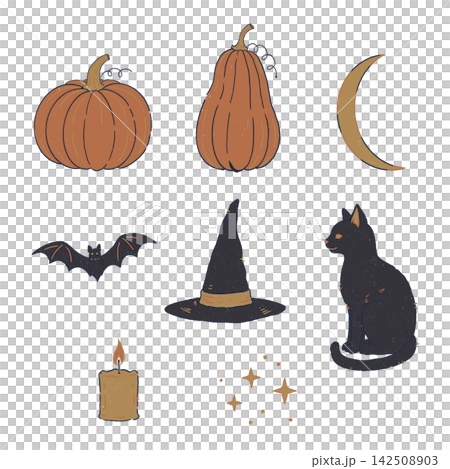 A collection of quiet, hand-drawn Halloween-themed illustrations featuring pumpkins and black cats. A collection of quiet, hand-drawn Halloween-themed illustrations featuring pumpkins and black cats. 142508903