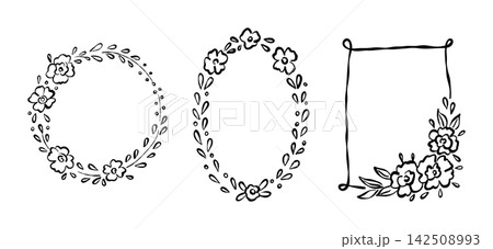 Black Hand Drawn Floral Wreath and Frame Set Black Hand Drawn Floral Wreath and Frame Set 142508993
