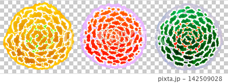 A set of three round flower illustrations reminiscent of traffic lights. A set of three round flower illustrations reminiscent of traffic lights. 142509028