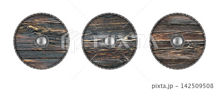 Group of old wooden round shield isolated on white background 142509508