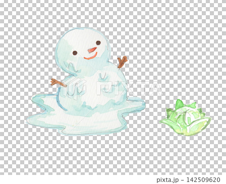 水彩插畫,描繪了正在融化的雪人和蜂斗菜的嫩芽-積雪消融,春天來臨。 水彩插畫,描繪了正在融化的雪人和蜂斗菜的嫩芽-積雪消融,春天來臨。 142509620