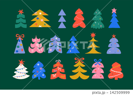 Colorful Christmas tree icon set in naive folk style. Childish hand drawn Christmas elements with 142509999