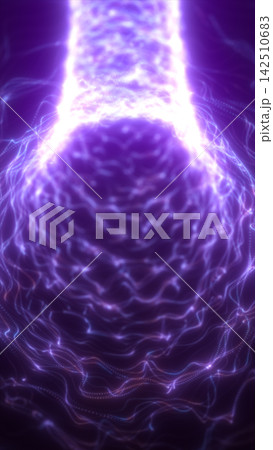 Glowing purple energy sphere connected to a luminous plasma column, surrounded by flowing electric lines in a futuristic abstract background. 142510683