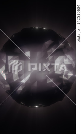 Dark faceted metallic sphere with reflective polygonal surfaces, subtle highlights, and a mysterious futuristic appearance against a black background. Dark faceted metallic sphere with reflective polygonal surfaces, subtle highlights, and a mysterious futuristic appearance against a black background. 142510684