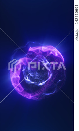 Abstract purple and blue energy orb formed by swirling particles and luminous waves on a deep blue background. Abstract purple and blue energy orb formed by swirling particles and luminous waves on a deep blue background. 142510691
