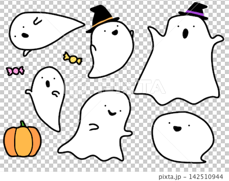 Cute Halloween ghost illustration material - hand-drawn style, relaxed ghosts Cute Halloween ghost illustration material - hand-drawn style, relaxed ghosts 142510944