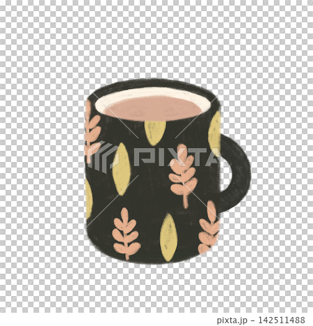 Cozy coffee mug fall vibe illustration dark academia moody earthy palette 142511488