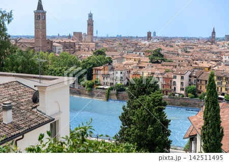 Panoramic View of Verona Old Town with Adige River Towers and Historic Buildings in Italy on Summer 142511495