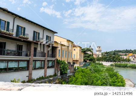 View of Historical Waterfront Buildings and Adige River in Verona City Italy 142511496