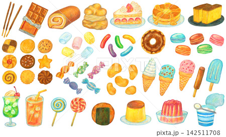 いろいろなお菓子のイラストセット オイルパステル画 いろいろなお菓子のイラストセット オイルパステル画 142511708