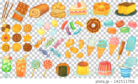 いろいろなお菓子のイラストセット オイルパステル画 いろいろなお菓子のイラストセット オイルパステル画 142511708