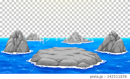 海面上漂浮著岩石露頭和礁石的背景插圖。 海面上漂浮著岩石露頭和礁石的背景插圖。 142511876