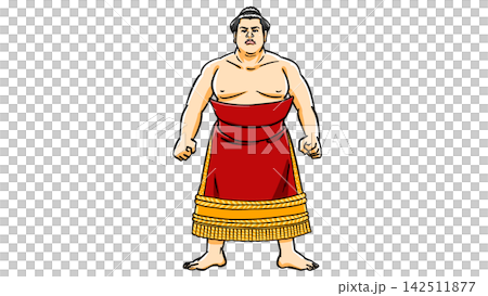 赤い化粧まわしを締めた力士の全身立ち姿 赤い化粧まわしを締めた力士の全身立ち姿 142511877