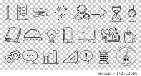 デスクワーク文具とワークスペースアイコンの手描き線画イラストセット 142512069
