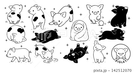 子豚のペン画イラストセット(走る・眠る・遊ぶ・くつろぐ) 子豚のペン画イラストセット(走る・眠る・遊ぶ・くつろぐ) 142512070