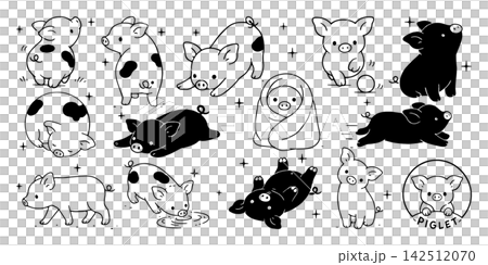 A set of pen-and-ink illustrations of piglets (running, sleeping, playing, relaxing) A set of pen-and-ink illustrations of piglets (running, sleeping, playing, relaxing) 142512070