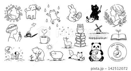 四月の自然とかわいい動物の手描き素材集、花、新芽、地球 142512072