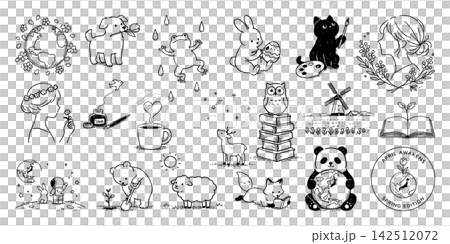 四月の自然とかわいい動物の手描き素材集、花、新芽、地球 142512072