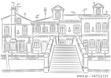 Black and White Vector Illustration of Burano Houses and Bridge in Italy Black and White Vector Illustration of Burano Houses and Bridge in Italy 142512125