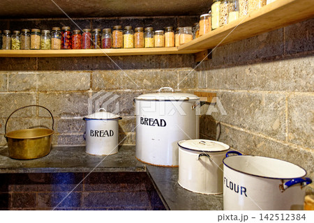 Vintage Enamel Bread and Flour Canisters in Castle Pantry 142512384
