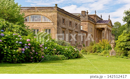 Stourhead House Palladian Architecture Framed by Blooming Hydrangeas Stourhead House Palladian Architecture Framed by Blooming Hydrangeas 142512417