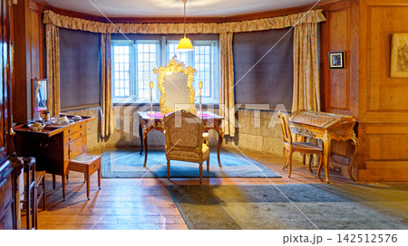 Opulent Vintage Bedroom with Golden Dressing Table and Writing Desk Opulent Vintage Bedroom with Golden Dressing Table and Writing Desk 142512576