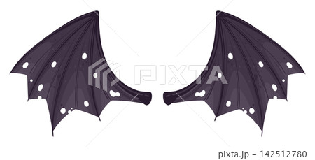 Bat wings silhouette. Dark purple flying monster wings with curved membranes and pointed tips flat vector illustration. Cartoon gothic Halloween limbs Bat wings silhouette. Dark purple flying monster wings with curved membranes and pointed tips flat vector illustration. Cartoon gothic Halloween limbs 142512780