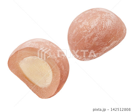 Mochi dessert chewy rice cake pieces with soft filling isolated on white background full depth of field Mochi dessert chewy rice cake pieces with soft filling isolated on white background full depth of field 142512808