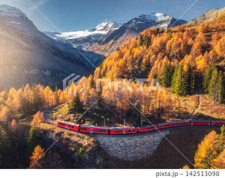 Aerial view of red train passing through colorful autumn forest Aerial view of red train passing through colorful autumn forest 142513098
